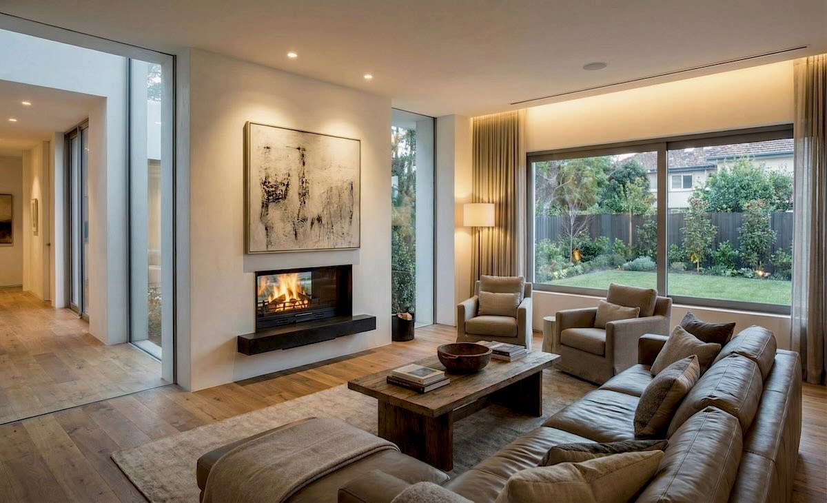 Geniş mekanları estetik bir şekilde ikiye bölen, ateşi her iki taraftan izleme imkanı sunan şık tünel (C2) şömine tasarımı.