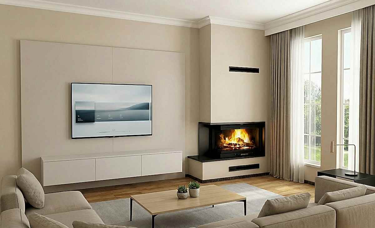 Mekanların köşe alanlarını modern bir estetik ve yüksek ısı verimiyle değerlendiren L tipi köşe şömine modeli.